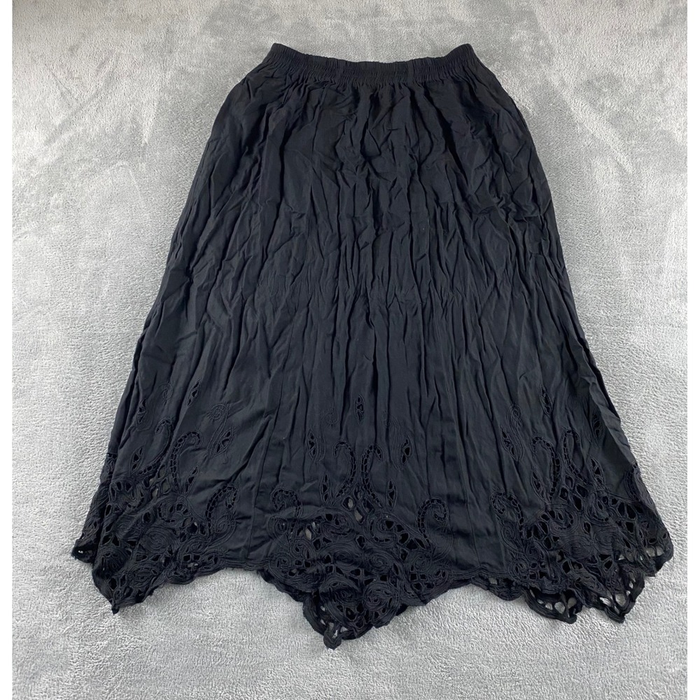 Jane Ashley Black Rayon Eyelet Lace Hem Maxi Skirt Elastic Waist Pockets Large